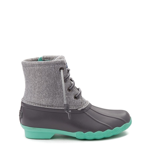 gray and teal duck boots